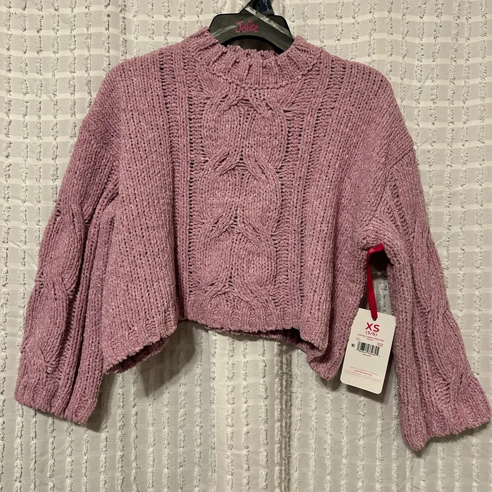 Justice Girl’s XS 5-6 Cable Knit Crop Sweater Purple NWT